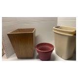 Wooden planter 14x11 and 2 small trash cans 13 inches high