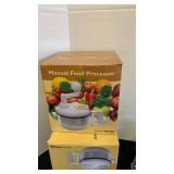 KitchenWorthy Manual Food Processor NIB, pie pan and plastic decorative bowls