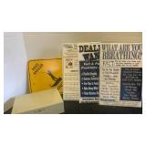 Metal Bass sign, cash box and plastic sign holders