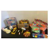 Vintage toy saw, Crayons, and misc toys