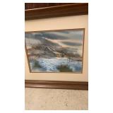 Winter Mountain Cabin Watercolor Painting signed Carver - frames needs repair and hunting scene with dog and birds 26x24