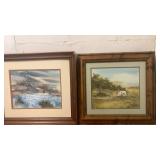 Winter Mountain Cabin Watercolor Painting signed Carver - frames needs repair and hunting scene with dog and birds 26x24