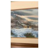 Winter Mountain Cabin Watercolor Painting signed Carver - frames needs repair and hunting scene with dog and birds 26x24