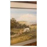 Winter Mountain Cabin Watercolor Painting signed Carver - frames needs repair and hunting scene with dog and birds 26x24
