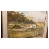 Winter Mountain Cabin Watercolor Painting signed Carver - frames needs repair and hunting scene with dog and birds 26x24