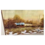 Autumn Barn Watercolor Landscape signed Parry Lambert and Kansas winter scene 28x16