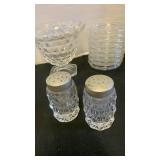 Fostoria pieces, salt and pepper shakers, cream and sugar bowl, coasters and more
