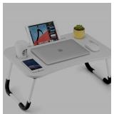 Foldable Laptop Table, Portable Lap Desk Bed Table Tray, Laptop Stand with Cup Holder & Tablet Slot & Lifting Handle for Working Writing Drawing & Eating (White)
