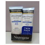 APPEARS NEW - Neutrogena Ultra Sheer Dry-Touch Sunscreen For Face & Body, SPF 45 Broad Spectrum UVA/UVB Protection, Lightweight Water Resistant & Non-Greasy, Travel Size Sunscreen, 3 fl. oz 2 pack