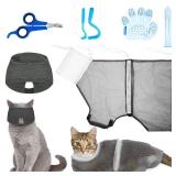 FACTORY SEALED - Patelai 5 Pcs Cat Bathing Bag Set Cat Grooming Bag Adjustable Pet Shower Net Muzzles Nail Clipper Tick Remover Tool Massage Brush(Grey-White)