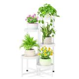 iDavosic.ly 5 Tier Folding Plant Stand Indoor Outdoor with Plastic Tray, Tiered Corner Flower Holder Shelf, Metal Orchid Display Rack for Patio Porch Living Room Garden Balcony, White