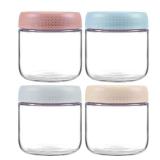 APPEARS NEW - MOLADRI 4 Pack Glass Clear Storage Canister with Airtight Lid, 12oz Overnight Oats Containers, Small Cute Decorative Pantry Jar for Snacks, Yogurt, Cereal, Fruit, Salad, Spice, Sugar, Co