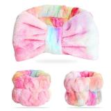 WSYUB Spa Headband and Wrist Bands, Makeup Headband and Wrist Towels for Washing Face, Fuzzy Bow Headbands, Soft Facial Head Bands, Shower Skincare Hair Sleepover Party
