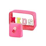 2 Pcs Medicine Chenille Letter Preppy Clear Makeup Meds Bag for Travel - Nylon & PVC Transparent Cosmetic Toiletry Storage for Women Girls - Rose Red