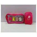 2 Pcs Medicine Chenille Letter Preppy Clear Makeup Meds Bag for Travel - Nylon & PVC Transparent Cosmetic Toiletry Storage for Women Girls - Rose Red