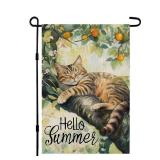 APPEARS NEW - CROWNED BEAUTY Summer Garden Flag Cat Double Sided 12x18 Inches Small Burlap Seasonal Welcome Yard Porch Decoration for Outside CF1836-12