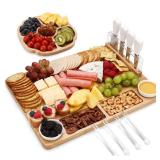 APPEARS NEW - NEW hecef Large Charcuterie Board Set of 13, A Bamboo Cheese Board and Snack Tray, 2 Ceramic Bowls, 4 Server Forks, 4 Knives Set, Appetizer Platter for Birthdays, Weddings, Housewarming