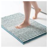 FRESHMINT Chunky Ombre Chenille Bathroom Rug 20x32", Water Absorbent Soft Bath Rugs for Bathroom Floor, Thick Non Slip Bath Mat Washable Quick Dry Shower Mats, Aqua Blue and White