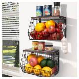 APPEARS NEW - Mefirt Fruit Bowl, Stackable Wall Mounted Fruit Basket of Smooth Wood Lid with 4 Banana Hanger Hooks, Metal Kitchen Counter Organizer for Snack, Fruit and Vegetable Storage, 11.8 * 7.9 *