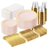 GATHER 350PCS Pink Plastic Plates - Disposable Plastic Dinnerware Set Include 100 Pink Plates, 150 Silverware, 50 Napkins, 50 Cups for Party & Wedding