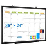 Dry Erase Calendar Whiteboard for Wall, 36 x 24" Double-Sided Magnetic Monthly Whiteboard Calendar Dry Erase, Wall Hanging Aluminum Frame with Tray for Home, School, Office - Retail: $53