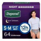 Depend Night Defense Adult Diapers, Incontinence Underwear for Men, Disposable, Overnight, Small/Medium, Grey, 64 Count (4 Packs of 16). One Package Opened Due to Box Damage.