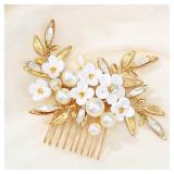GENBREE Pearl Bride Wedding Hair Comb Gold Leaf Flower Hair Piece Crystal Bridal Hair Accessories for Women