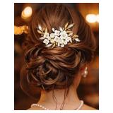 GENBREE Pearl Bride Wedding Hair Comb Gold Leaf Flower Hair Piece Crystal Bridal Hair Accessories for Women
