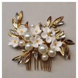 GENBREE Pearl Bride Wedding Hair Comb Gold Leaf Flower Hair Piece Crystal Bridal Hair Accessories for Women