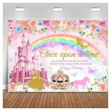Princess Happy Birthday Backdrop Pink Royal Castle Carriage Floral Birthday Backdrop Princess Theme Girl Birthday Party Decorations Banner Photo Studio Props (7x5ft)