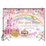 Princess Happy Birthday Backdrop Pink Royal Castle Carriage Floral Birthday Backdrop Princess Theme Girl Birthday Party Decorations Banner Photo Studio Props (7x5ft)