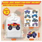 Monster Truck Party Favors - 140 Pack Includes 10 Drawstring Monster Truck Goodie Bags, 50 Stickers & 80 Tattoos with Downloadable Cupcake Toppers, Labels & More - Ideal for Birthday Party Supplies