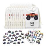 Monster Truck Party Favors - 140 Pack Includes 10 Drawstring Monster Truck Goodie Bags, 50 Stickers & 80 Tattoos with Downloadable Cupcake Toppers, Labels & More - Ideal for Birthday Party Supplies