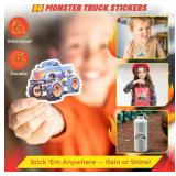 Monster Truck Party Favors - 140 Pack Includes 10 Drawstring Monster Truck Goodie Bags, 50 Stickers & 80 Tattoos with Downloadable Cupcake Toppers, Labels & More - Ideal for Birthday Party Supplies