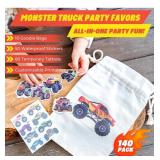 Monster Truck Party Favors - 140 Pack Includes 10 Drawstring Monster Truck Goodie Bags, 50 Stickers & 80 Tattoos with Downloadable Cupcake Toppers, Labels & More - Ideal for Birthday Party Supplies