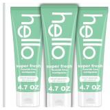 hello Super Fresh Fluoride Free Toothpaste, Toothpaste for Bad Breath, Helps Remove Surface Stains, Natural Spearmint, 3 Pack, 4.7 Oz Tubes