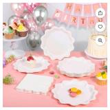 Houuqe 100 Pcs White Shimmer Wavy Holographic Dessert Plates and Napkins Party Supplies, Iridescent Party Supplies Decorations Tableware Set White Iridescent Plates for Wedding, Bridal Shower