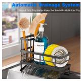 Kitchen Sink Caddy Organizer Sponge Holder for Kitchen Sink with Brush Holder, Stainless Steel Dish Soap Dispenser Sponge Caddy Self Drain Tray Storage Home Decor Gadge Essentials Accessories