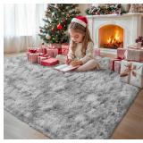 70x45 inch Tie Dyed Grey Small qThrow Rug for Entryway Non Slip, Mini Fluffy Grey Rugs for Bedroom, Plush Furry Cozy Front Entrance Indoor Floor Carpet Home Decor Aesthetic Nursery