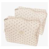 2 Pack Kawaii Cute Makeup Bag Aesthetic Travel Quilted Cotton Cosmetic Bag Organizer Toiletry Pouch for Women Teen Girls (Beige Floral)