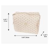 2 Pack Kawaii Cute Makeup Bag Aesthetic Travel Quilted Cotton Cosmetic Bag Organizer Toiletry Pouch for Women Teen Girls (Beige Floral)