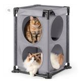 JUNSPOW 2-Level Cat House&Condo, 2-Story Cat Beds for Indoor Cats, Elevated Cat Cave for Multiple Cats, Outside Cat House, Stable and Easy to Assemble Kitty Fort, Grey