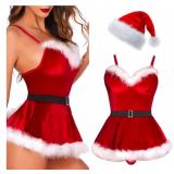 Sexy Cosplay Lingerie for Women Costume Babydoll Dress Roleplay Outfits Deluxe Velvet Set with Hat Gloves Belt. Large