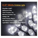 KNONEW 131.2ft 1280 LED Christmas Lights Outdoor Decorations with 240 Drops, 8 Modes Timer Indoor Curtain Fairy Light, Waterproof LED String Light Decor for Wedding Party Christmas(Warm White)