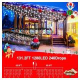 KNONEW 131.2ft 1280 LED Christmas Lights Outdoor Decorations with 240 Drops, 8 Modes Timer Indoor Curtain Fairy Light, Waterproof LED String Light Decor for Wedding Party Christmas(Warm White)