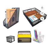 RHONZHAO Desk Accessories - 5 Piece Black Office Desk Organizer Set - File Tray, Magazine Holder, Pen Cup, Sticky Note Holder & Letter Mail Sorter for Organized Workspace Efficiency