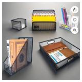 RHONZHAO Desk Accessories - 5 Piece Black Office Desk Organizer Set - File Tray, Magazine Holder, Pen Cup, Sticky Note Holder & Letter Mail Sorter for Organized Workspace Efficiency