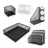 RHONZHAO Desk Accessories - 5 Piece Black Office Desk Organizer Set - File Tray, Magazine Holder, Pen Cup, Sticky Note Holder & Letter Mail Sorter for Organized Workspace Efficiency