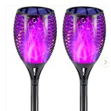 4PCs Halloween Solar Torch Lights Outdoor, 43in 96 LED, Waterproof Landscape Garden Pathway Light with Purple Vivid Dancing Flickering Flames, Auto On/Off Dusk to Dawn for Halloween Lights Decoration 