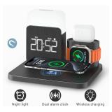 SHUNION Wireless Charging Station with Alarm Clock and Night Light,iPhone and Watch Charging Station,3 in 1 Wireless Charger for iPhone 16 15 14 13 12 11 X Pro Max & Apple Watch 30W GaN Charger - Blue